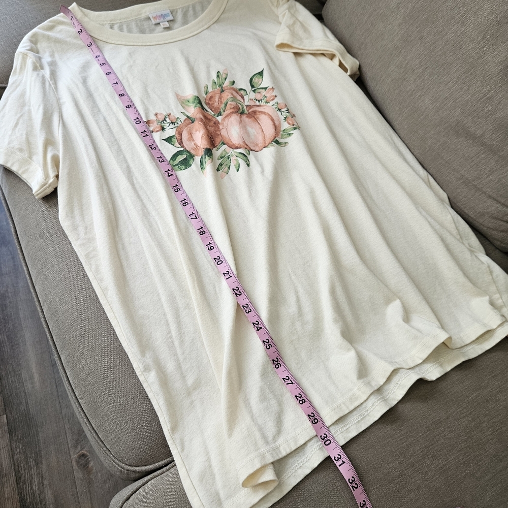 Lularoe shirt plus size 3XL cream yellow pumpkin print tunic top short sleeves - Picture 12 of 13